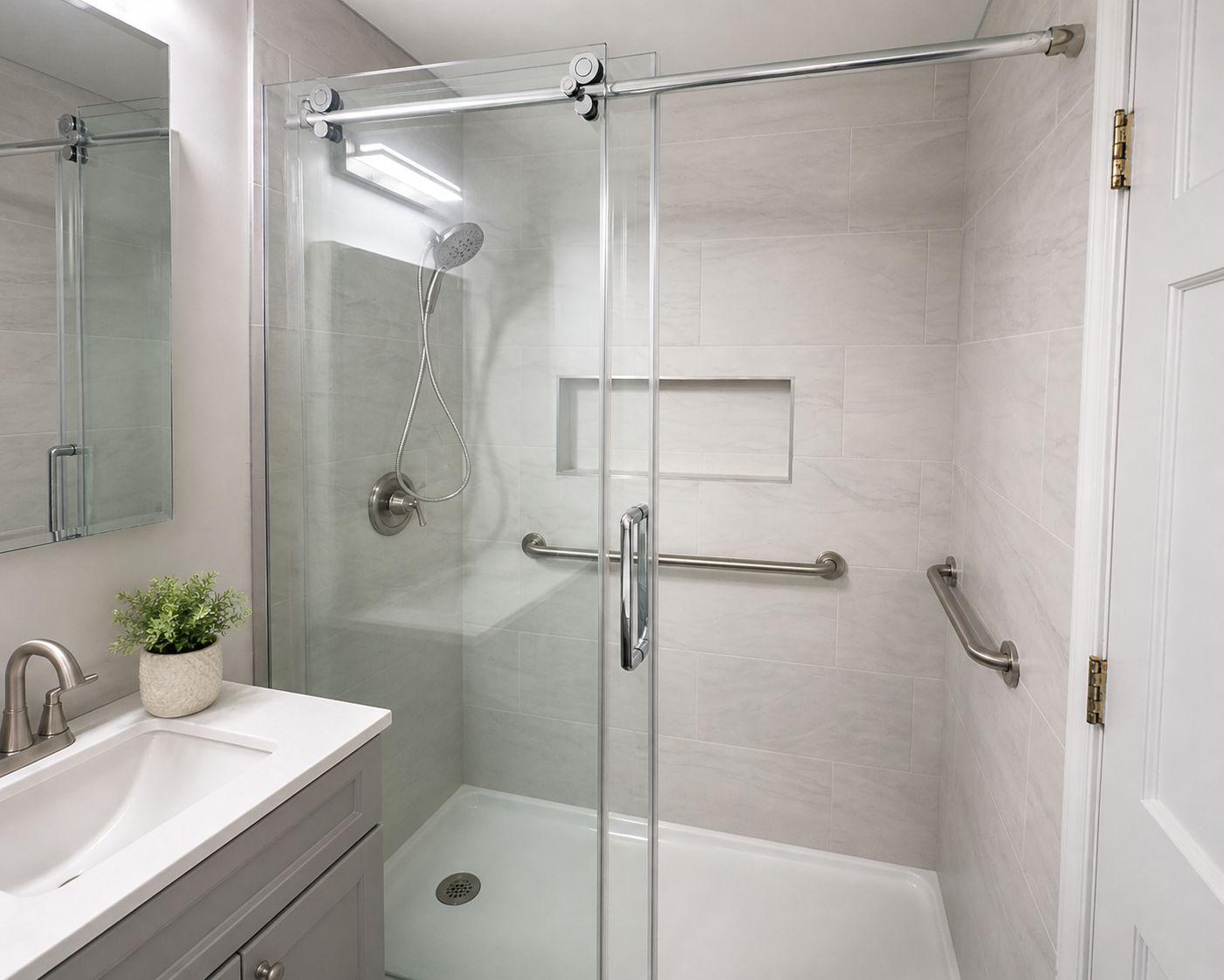 Completed bathroom remodel with new tile and vanity in Fairfax County